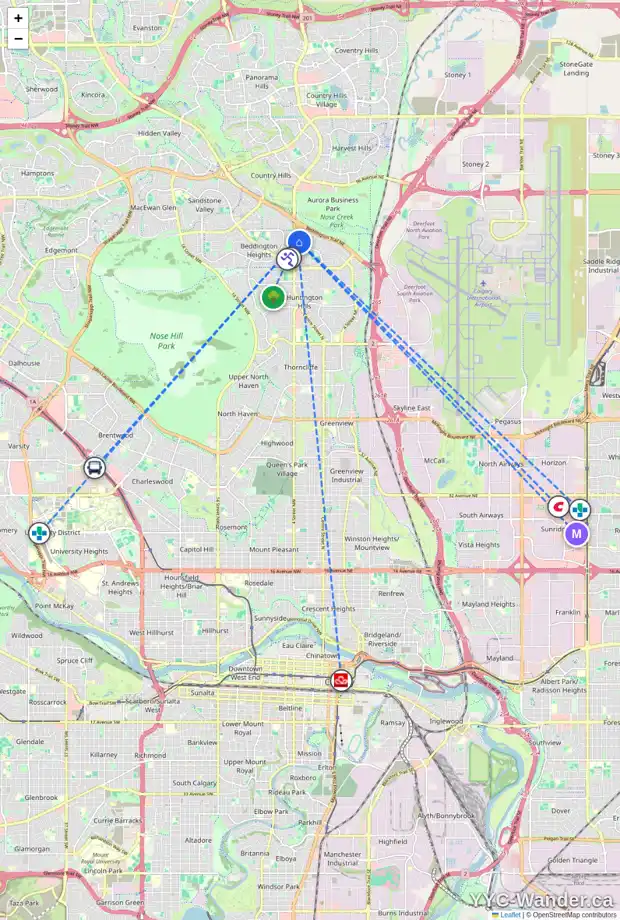 Daily accessibility map for 300 BEDDINGTON CI NE, Calgary showing nearby schools, grocery stores, parks, LRT stations and nearby amenities