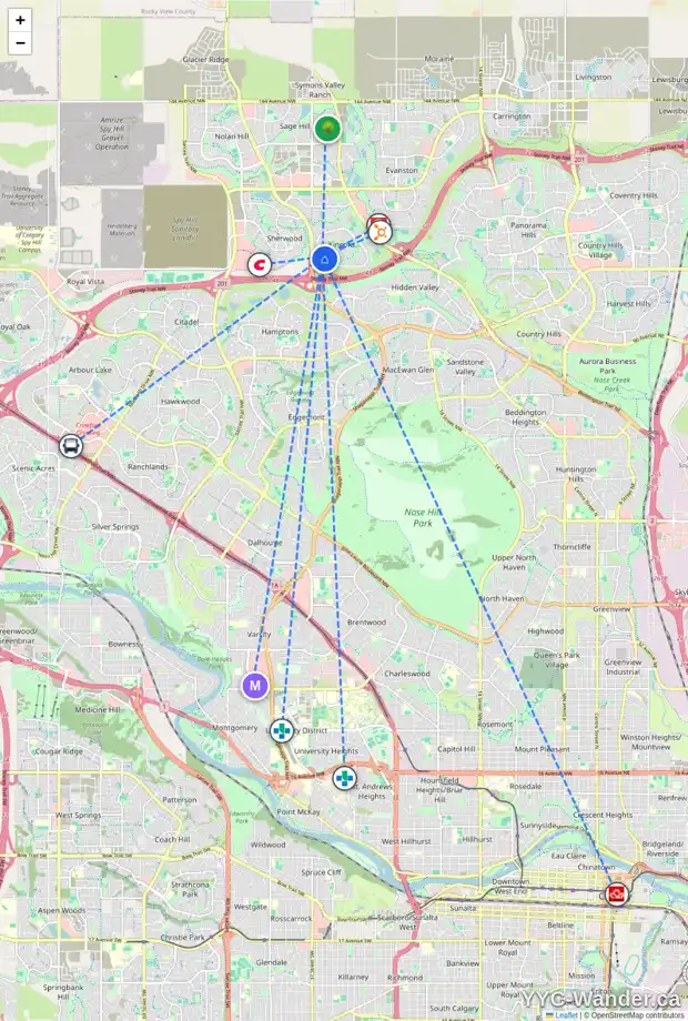 Daily accessibility map for 541 KINCORA BA NW, Calgary showing nearby schools, grocery stores, parks, LRT stations and nearby amenities