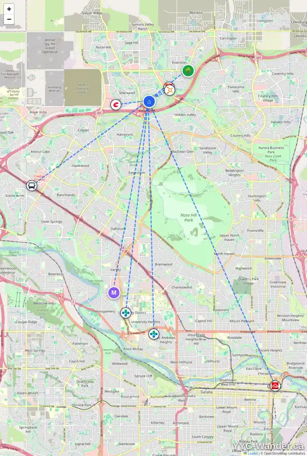 Daily accessibility map for 22 KINCORA HT NW, Calgary showing nearby schools, grocery stores, parks, LRT stations and nearby amenities