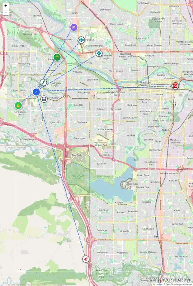 Daily accessibility map for 8 ASPEN RIDGE GA SW, Calgary showing nearby schools, grocery stores, parks, LRT stations and nearby amenities