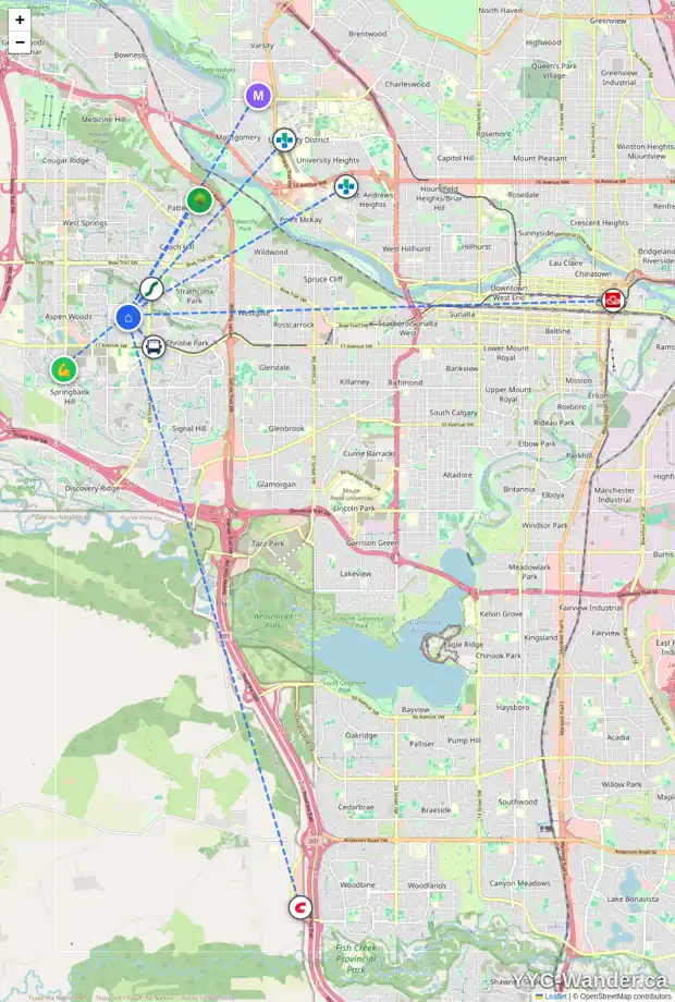 Daily accessibility map for 2 ASPEN RIDGE CL SW, Calgary showing nearby schools, grocery stores, parks, LRT stations and nearby amenities