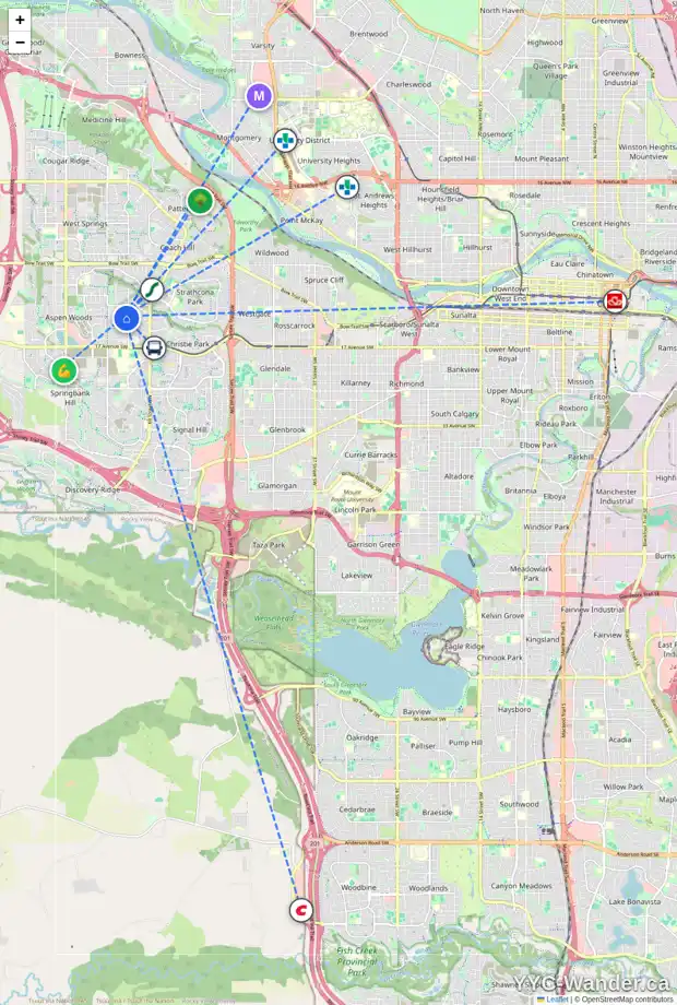 Daily accessibility map for 10 ASPEN RIDGE CL SW, Calgary showing nearby schools, grocery stores, parks, LRT stations and nearby amenities