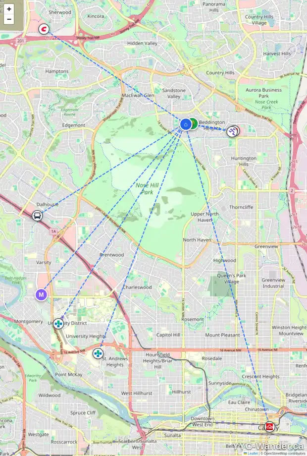 Daily accessibility map for 61 BEACHAM WY NW, Calgary showing nearby schools, grocery stores, parks, LRT stations and nearby amenities