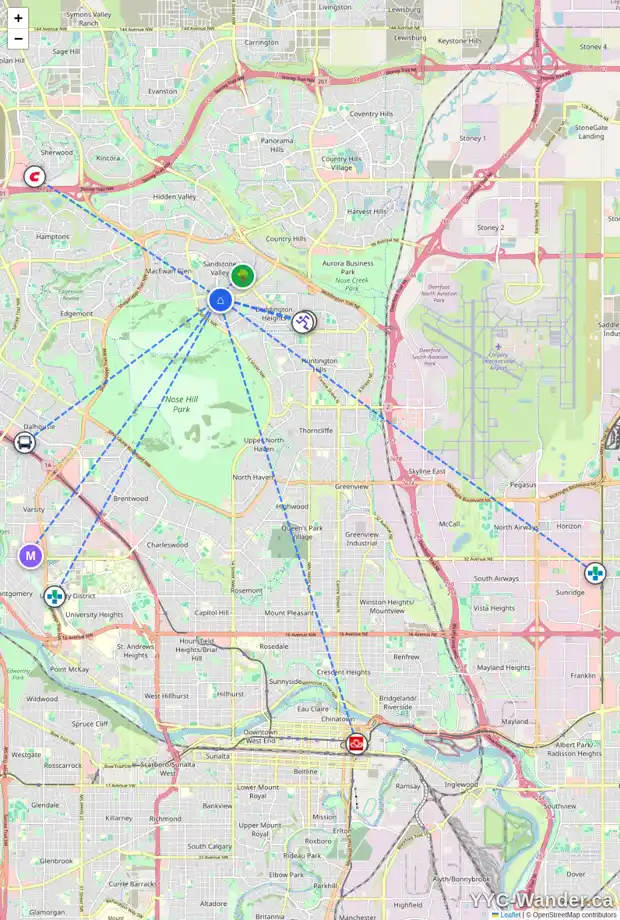 Daily accessibility map for 1492 BERKLEY DR NW, Calgary showing nearby schools, grocery stores, parks, LRT stations and nearby amenities