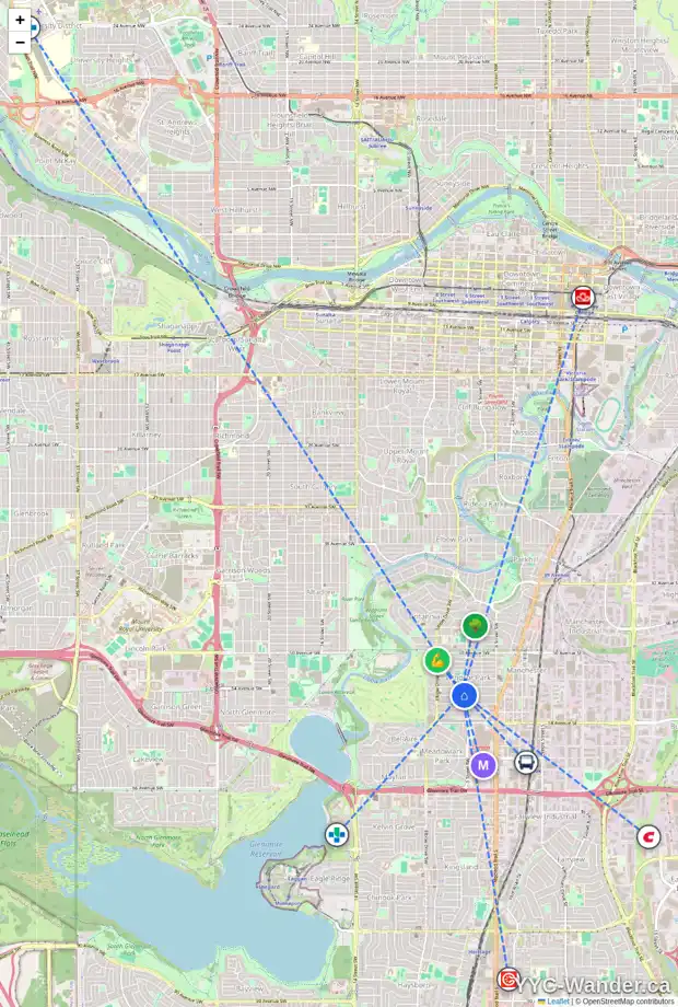 Daily accessibility map for 610 55 AV SW, Calgary showing nearby schools, grocery stores, parks, LRT stations and nearby amenities