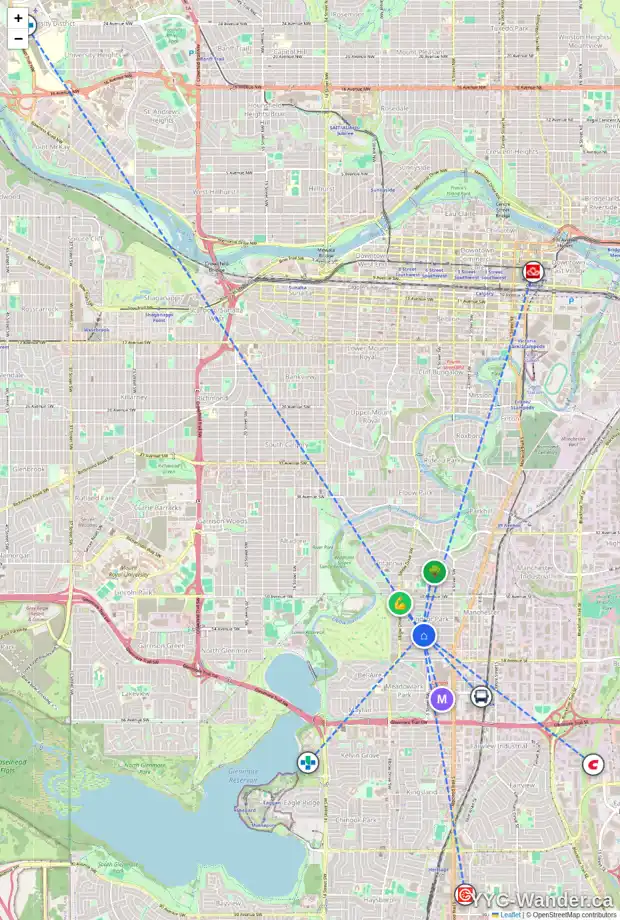 Daily accessibility map for 612 55 AV SW, Calgary showing nearby schools, grocery stores, parks, LRT stations and nearby amenities