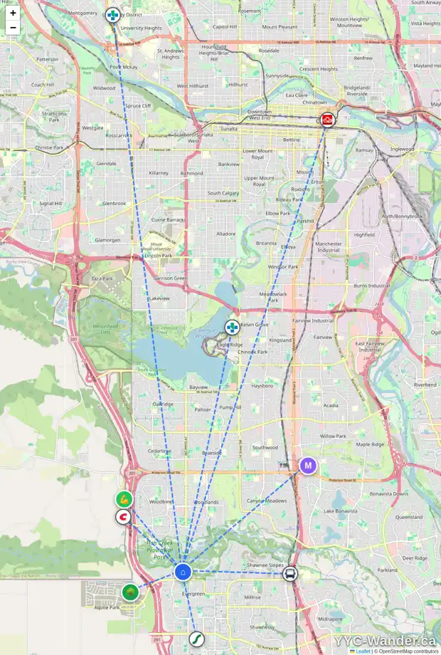 Daily accessibility map for 10 EVERCREEK BLUFFS VW SW, Calgary showing nearby schools, grocery stores, parks, LRT stations and nearby amenities