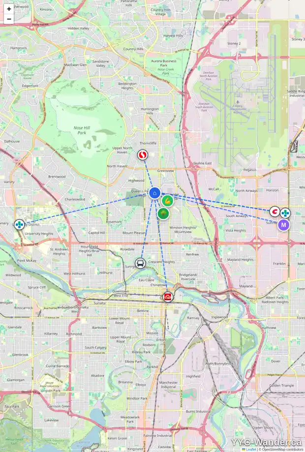 Daily accessibility map for 203 38 AV NW, Calgary showing nearby schools, grocery stores, parks, LRT stations and nearby amenities