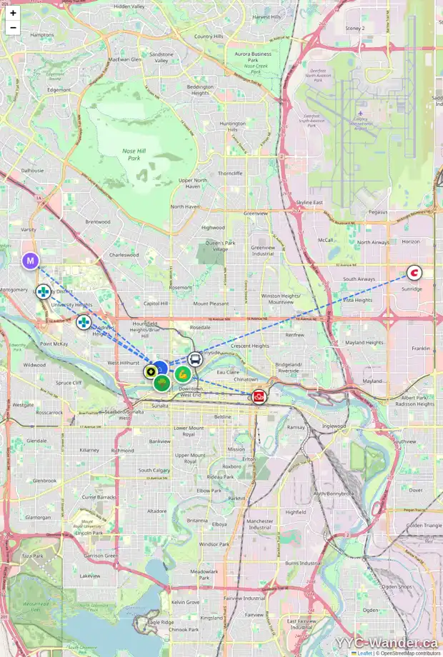 Daily accessibility map for 1742 1 AV NW, Calgary showing nearby schools, grocery stores, parks, LRT stations and nearby amenities