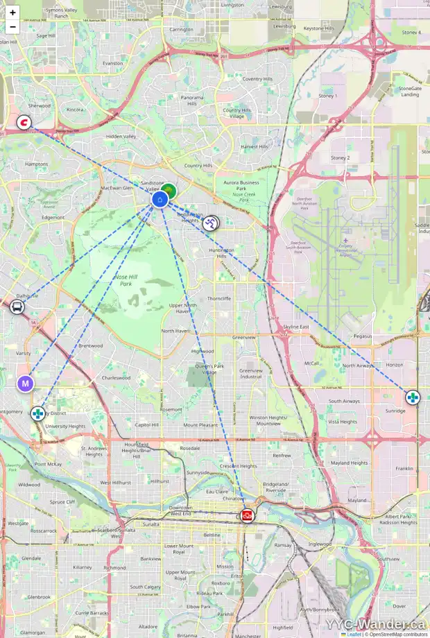 Daily accessibility map for 71 SANDARAC RD NW, Calgary showing nearby schools, grocery stores, parks, LRT stations and nearby amenities