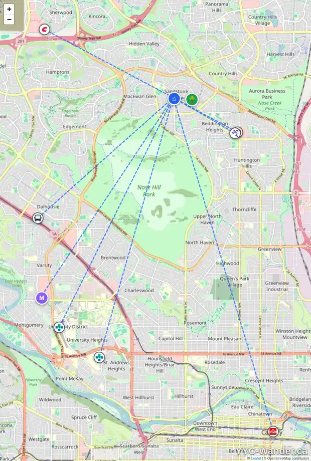 Daily accessibility map for 181 SANDARAC DR NW, Calgary showing nearby schools, grocery stores, parks, LRT stations and nearby amenities