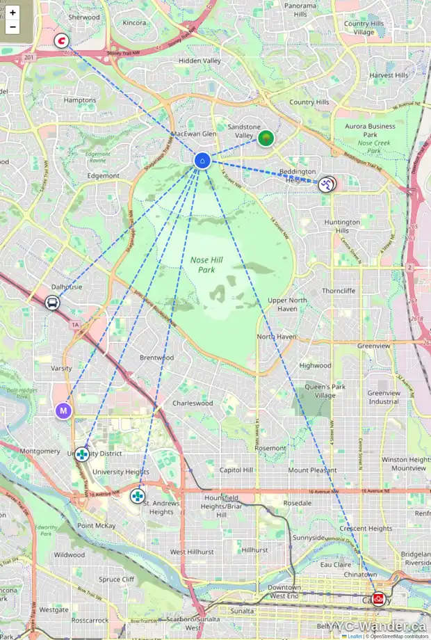 Daily accessibility map for 27 MACEWAN GLEN WY NW, Calgary showing nearby schools, grocery stores, parks, LRT stations and nearby amenities