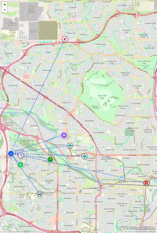 Daily accessibility map for 194 COUGARSTONE CL SW, Calgary showing nearby schools, grocery stores, parks, LRT stations and nearby amenities
