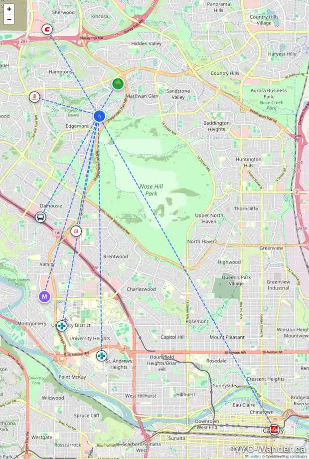Daily accessibility map for 215 EDGEBROOK CL NW, Calgary showing nearby schools, grocery stores, parks, LRT stations and nearby amenities