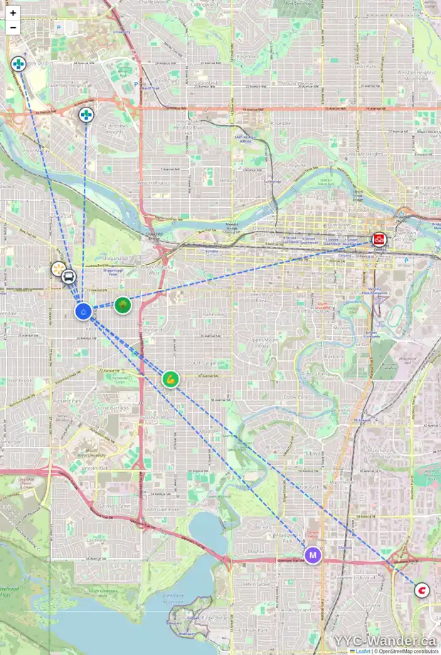 Daily accessibility map for 2201 31 ST SW, Calgary showing nearby schools, grocery stores, parks, LRT stations and nearby amenities
