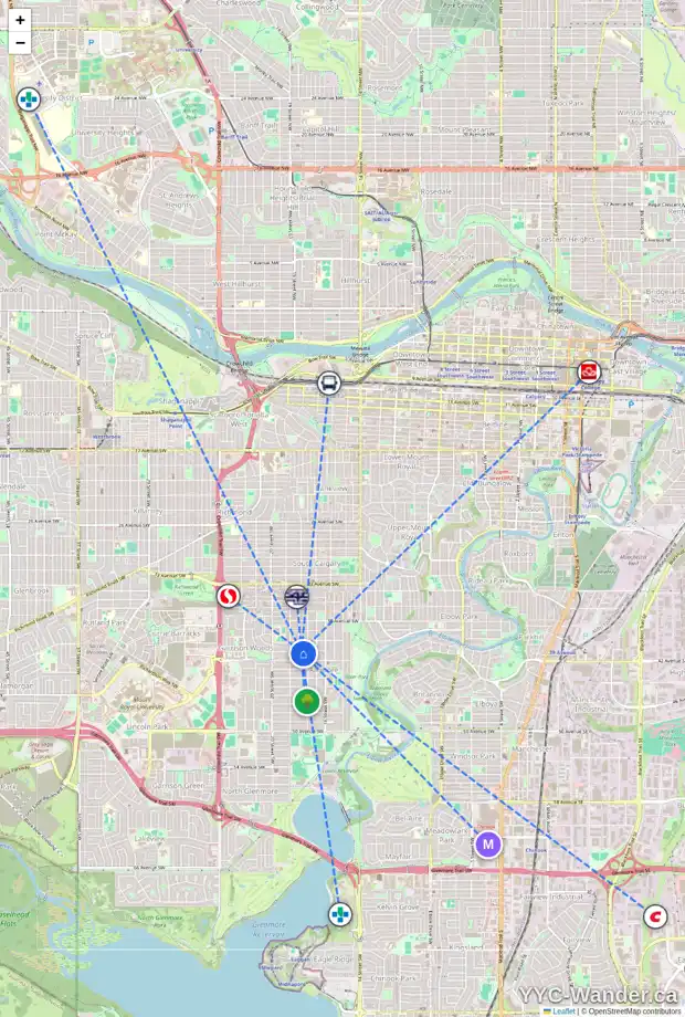 Daily accessibility map for 4204 18 ST SW, Calgary showing nearby schools, grocery stores, parks, LRT stations and nearby amenities