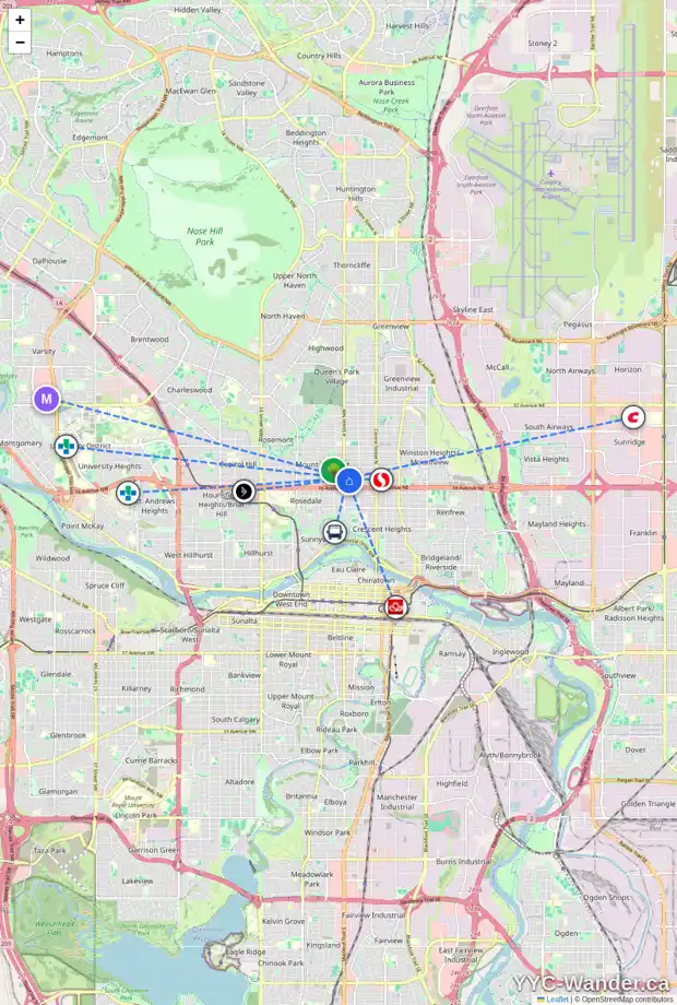 Daily accessibility map for 409 18 AV NW, Calgary showing nearby schools, grocery stores, parks, LRT stations and nearby amenities