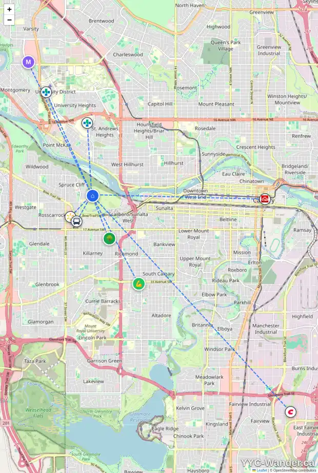 Daily accessibility map for 6201 14 HEMLOCK CR SW, Calgary showing nearby schools, grocery stores, parks, LRT stations and nearby amenities
