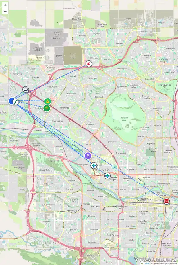 Daily accessibility map for 493 TUSCANY DR NW, Calgary showing nearby schools, grocery stores, parks, LRT stations and nearby amenities