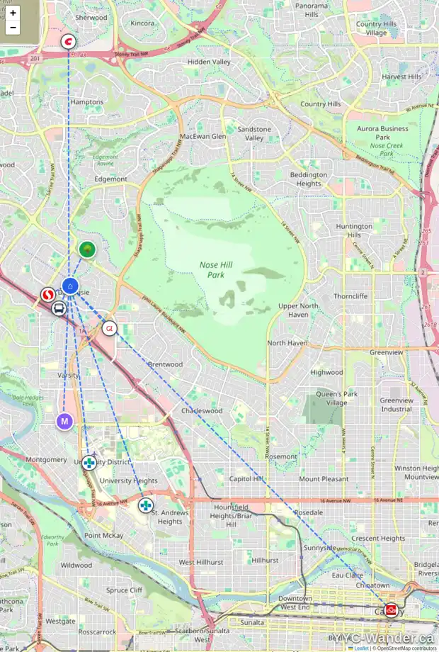 Daily accessibility map for 6052 DALFORD HL NW, Calgary showing nearby schools, grocery stores, parks, LRT stations and nearby amenities