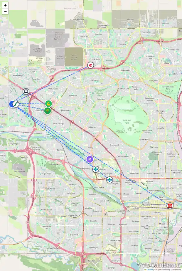 Daily accessibility map for 19 TUSCANY RIDGE CM NW, Calgary showing nearby schools, grocery stores, parks, LRT stations and nearby amenities