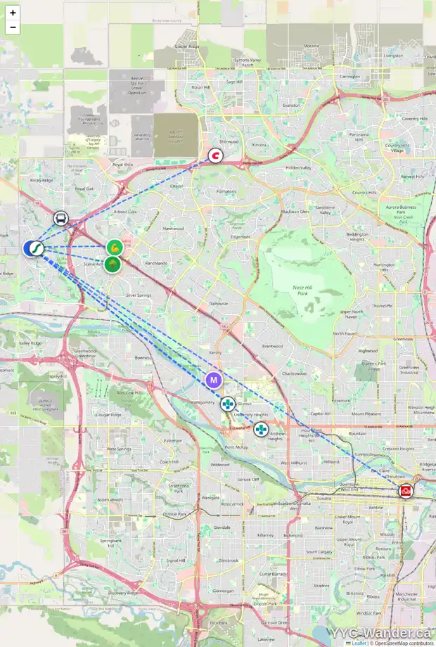 Daily accessibility map for 63 TUSCANY RIDGE CM NW, Calgary showing nearby schools, grocery stores, parks, LRT stations and nearby amenities