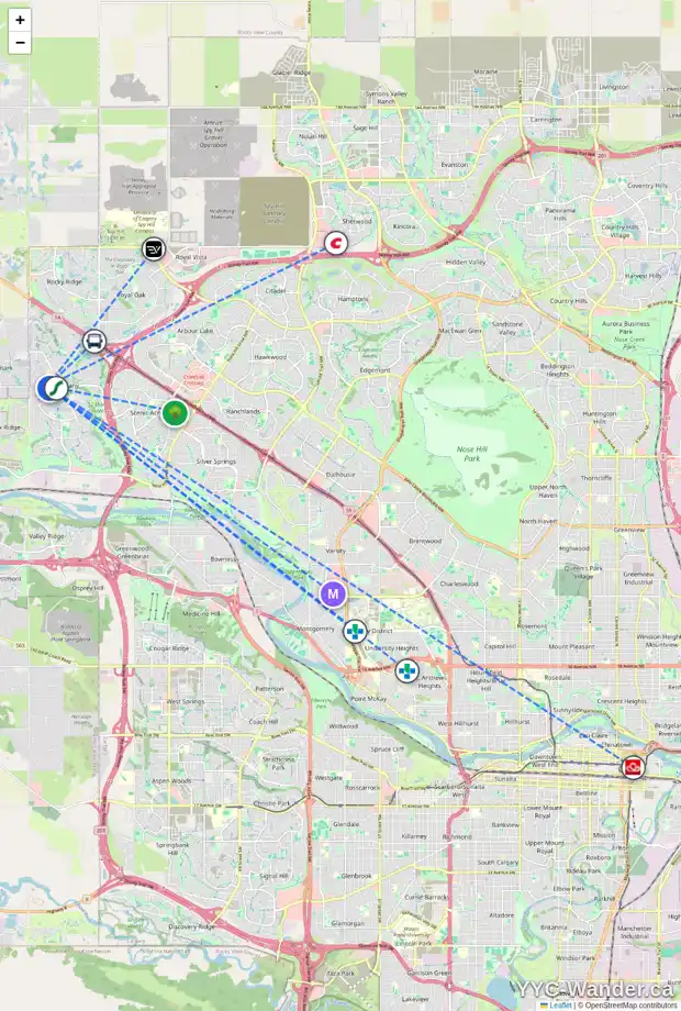 Daily accessibility map for 71 TUSCANY RIDGE CM NW, Calgary showing nearby schools, grocery stores, parks, LRT stations and nearby amenities