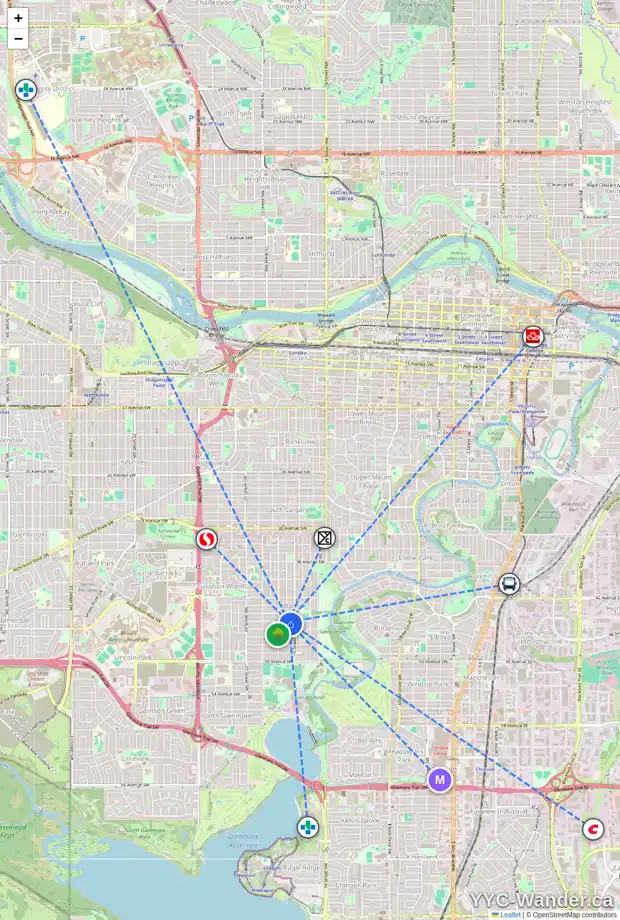 Daily accessibility map for 4532 16A ST SW, Calgary showing nearby schools, grocery stores, parks, LRT stations and nearby amenities