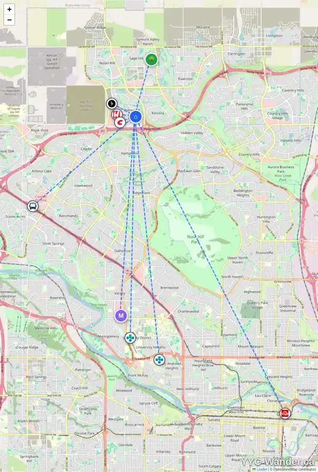 Daily accessibility map for 1116 SHERWOOD BV NW, Calgary showing nearby schools, grocery stores, parks, LRT stations and nearby amenities