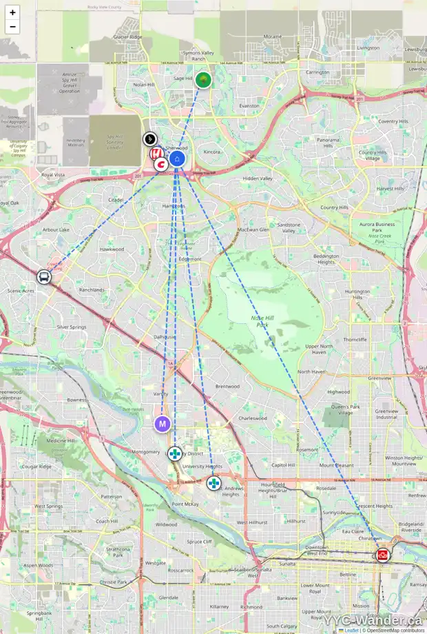 Daily accessibility map for 18 SHERWOOD HL NW, Calgary showing nearby schools, grocery stores, parks, LRT stations and nearby amenities