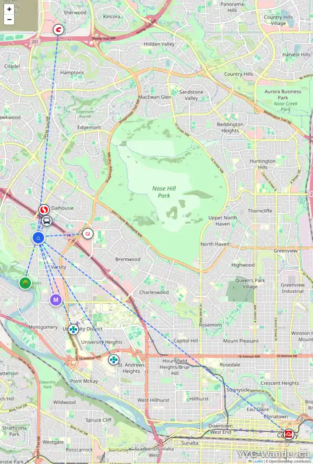 Daily accessibility map for 232 VARSITY ESTATES LI NW, Calgary showing nearby schools, grocery stores, parks, LRT stations and nearby amenities