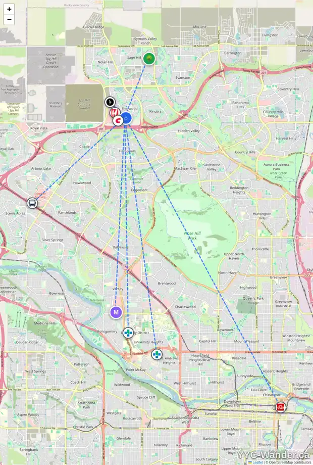 Daily accessibility map for 59 SHERWOOD CM NW, Calgary showing nearby schools, grocery stores, parks, LRT stations and nearby amenities