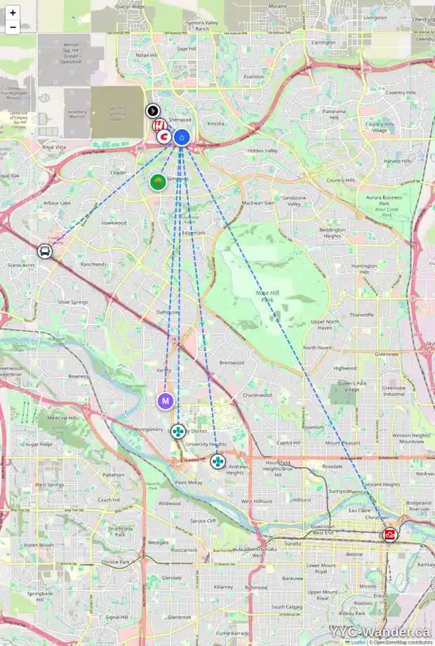 Daily accessibility map for 92 SHERWOOD RI NW, Calgary showing nearby schools, grocery stores, parks, LRT stations and nearby amenities
