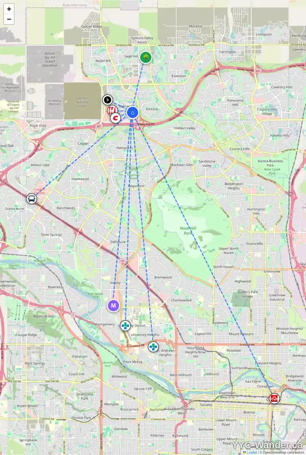 Daily accessibility map for 18 SHERWOOD PT NW, Calgary showing nearby schools, grocery stores, parks, LRT stations and nearby amenities