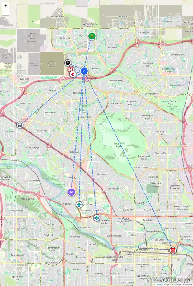 Daily accessibility map for 38 SHERWOOD PT NW, Calgary showing nearby schools, grocery stores, parks, LRT stations and nearby amenities