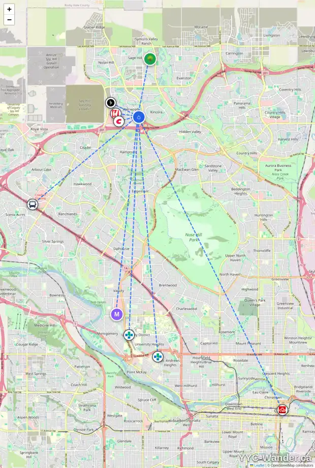 Daily accessibility map for 58 SHERWOOD PT NW, Calgary showing nearby schools, grocery stores, parks, LRT stations and nearby amenities