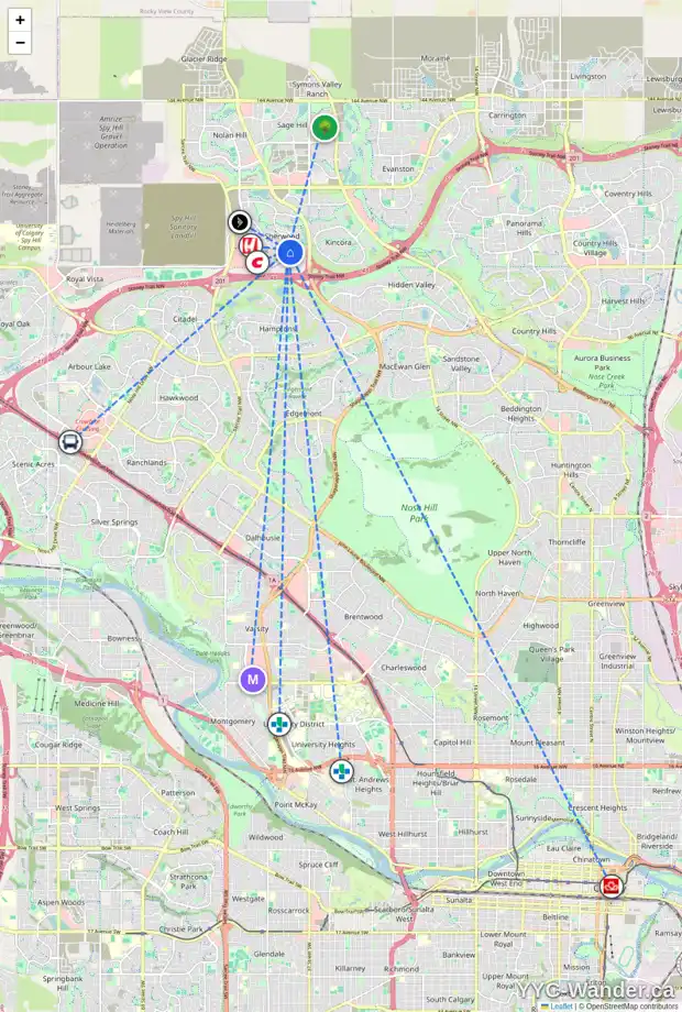 Daily accessibility map for 17 SHERWOOD VW NW, Calgary showing nearby schools, grocery stores, parks, LRT stations and nearby amenities