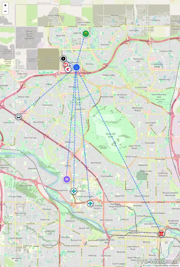 Daily accessibility map for 37 SHERWOOD VW NW, Calgary showing nearby schools, grocery stores, parks, LRT stations and nearby amenities