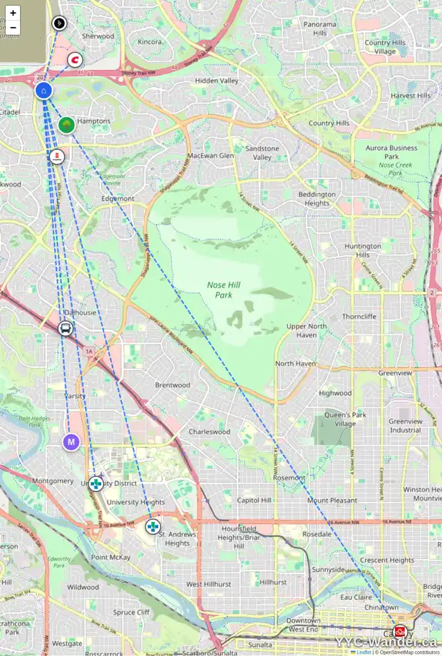 Daily accessibility map for 22 HAMPTONS VW NW, Calgary showing nearby schools, grocery stores, parks, LRT stations and nearby amenities