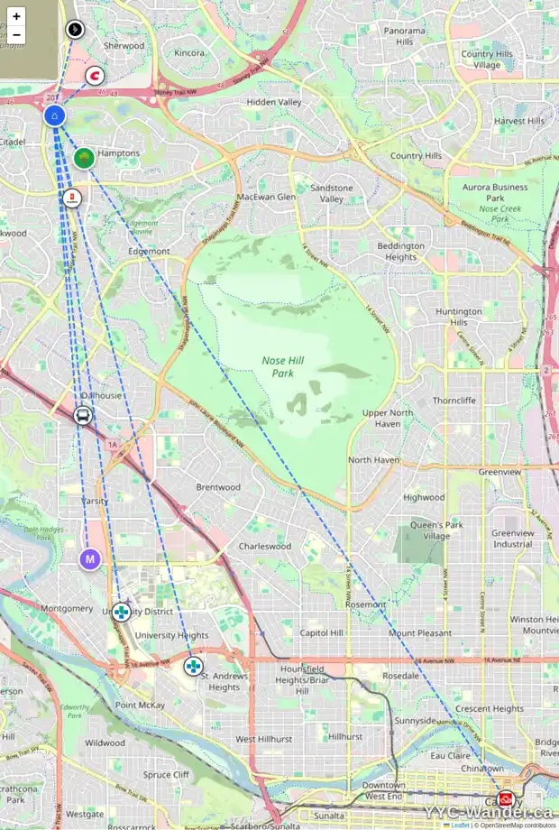 Daily accessibility map for 26 HAMPTONS VW NW, Calgary showing nearby schools, grocery stores, parks, LRT stations and nearby amenities