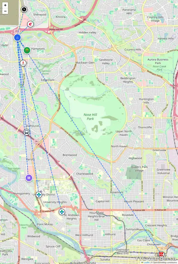 Daily accessibility map for 34 HAMPTONS VW NW, Calgary showing nearby schools, grocery stores, parks, LRT stations and nearby amenities