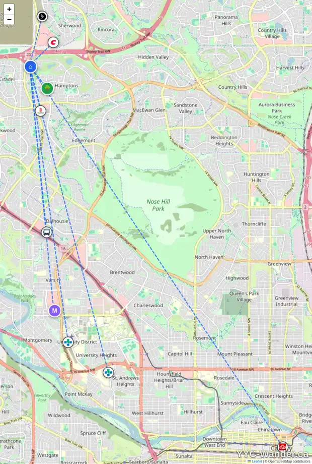 Daily accessibility map for 38 HAMPTONS VW NW, Calgary showing nearby schools, grocery stores, parks, LRT stations and nearby amenities