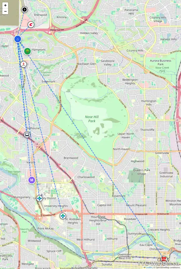 Daily accessibility map for 42 HAMPTONS VW NW, Calgary showing nearby schools, grocery stores, parks, LRT stations and nearby amenities