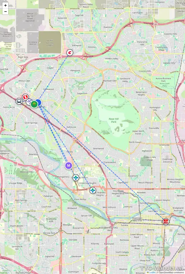 Daily accessibility map for 139 RANCHERO PL NW, Calgary showing nearby schools, grocery stores, parks, LRT stations and nearby amenities
