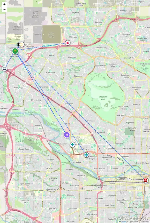 Daily accessibility map for 163 ROYAL BIRCH WY NW, Calgary showing nearby schools, grocery stores, parks, LRT stations and nearby amenities