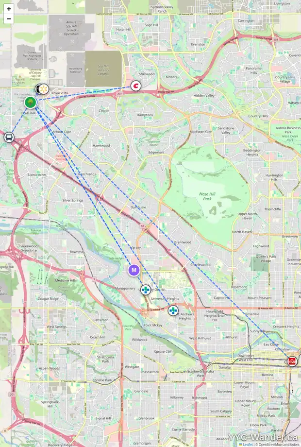Daily accessibility map for 182 ROYAL BIRCH WY NW, Calgary showing nearby schools, grocery stores, parks, LRT stations and nearby amenities