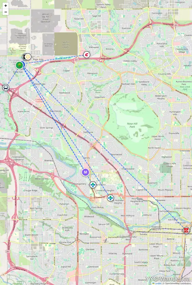 Daily accessibility map for 210 ROYAL BIRCH WY NW, Calgary showing nearby schools, grocery stores, parks, LRT stations and nearby amenities
