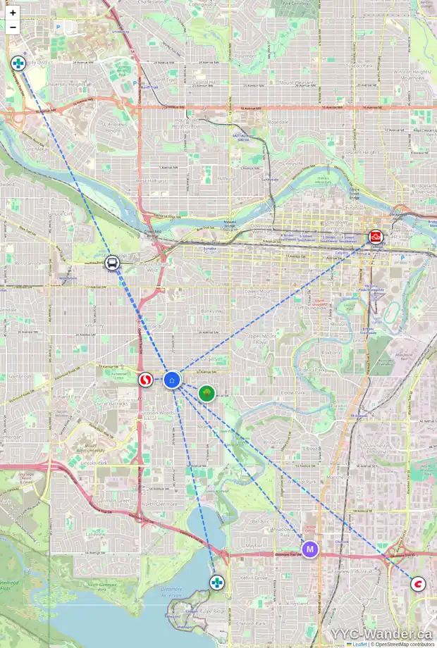 Daily accessibility map for 401 2111 34 AV SW, Calgary showing nearby schools, grocery stores, parks, LRT stations and nearby amenities
