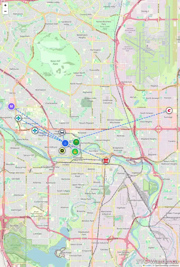 Daily accessibility map for 1754 6 AV NW, Calgary showing nearby schools, grocery stores, parks, LRT stations and nearby amenities