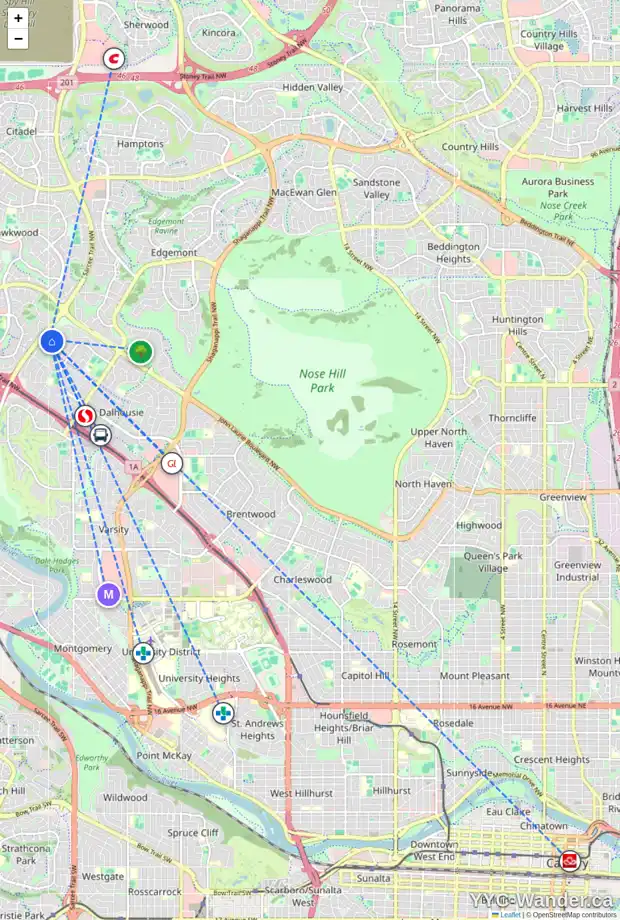 Daily accessibility map for 111 DALCASTLE ME NW, Calgary showing nearby schools, grocery stores, parks, LRT stations and nearby amenities